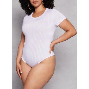 DAISY Plus Size Daisy Ribbed Knit‎ Bodysuit In White Size 2X